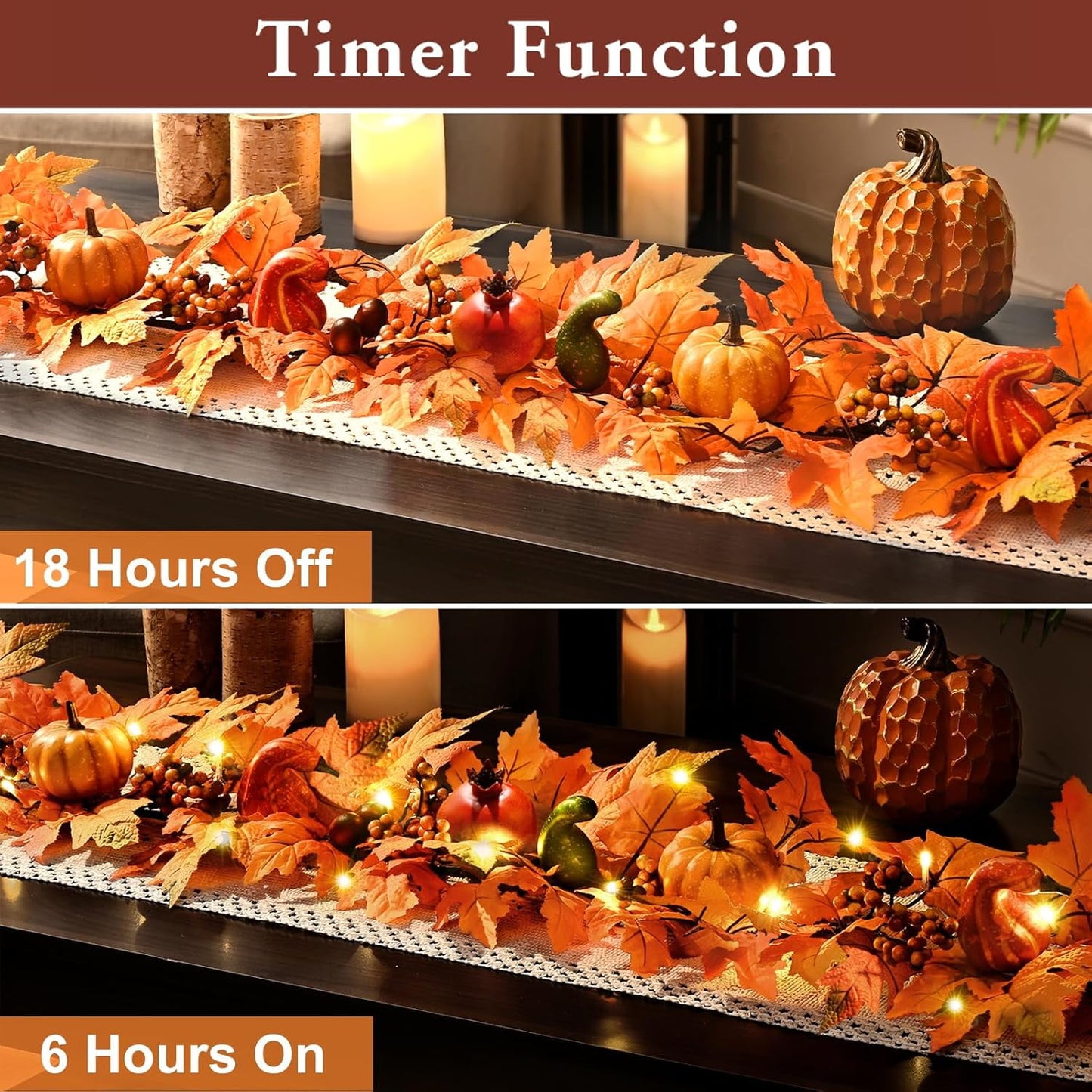 Waipfaru Fall Garland with Lights,6ft Maple Leaf Garland with Pumpkins, Berries&LED Lights,Battery Operated Thanksgiving Garland for Mantel, Fireplace, Tabletop