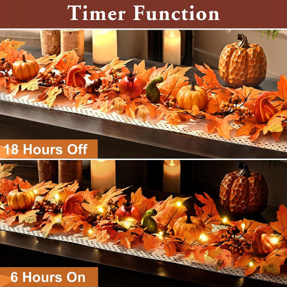 Waipfaru Fall Garland with Lights,6ft Maple Leaf Garland with Pumpkins, Berries&LED Lights,Battery Operated Thanksgiving Garland for Mantel, Fireplace, Tabletop