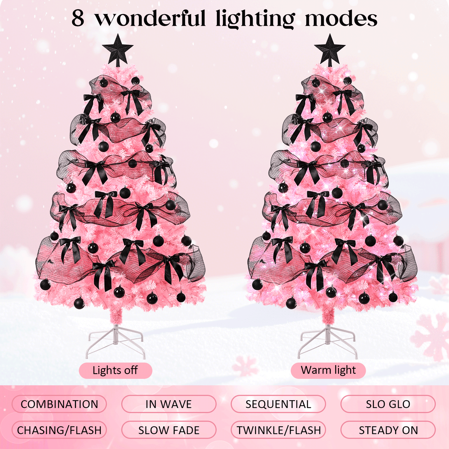 Sevenstars 6FT Pink Christmas Tree With Black Bows,Artificial Christmas Tree (With LED) For Decoration