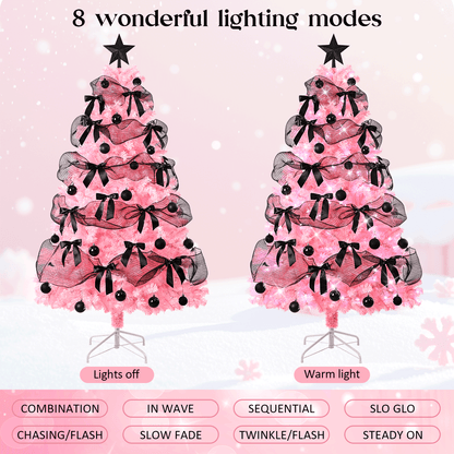 Sevenstars 6FT Pink Christmas Tree With Black Bows,Artificial Christmas Tree (With LED) For Decoration