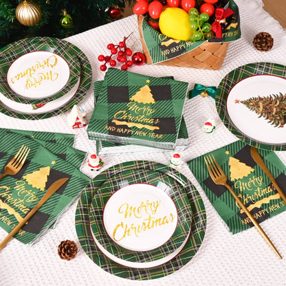 Waipfaru 200 Pcs Merry Christmas Dinnerware Set,Christmas Tree Paper Plates, Napkins & Party Supplies for 50 Guests