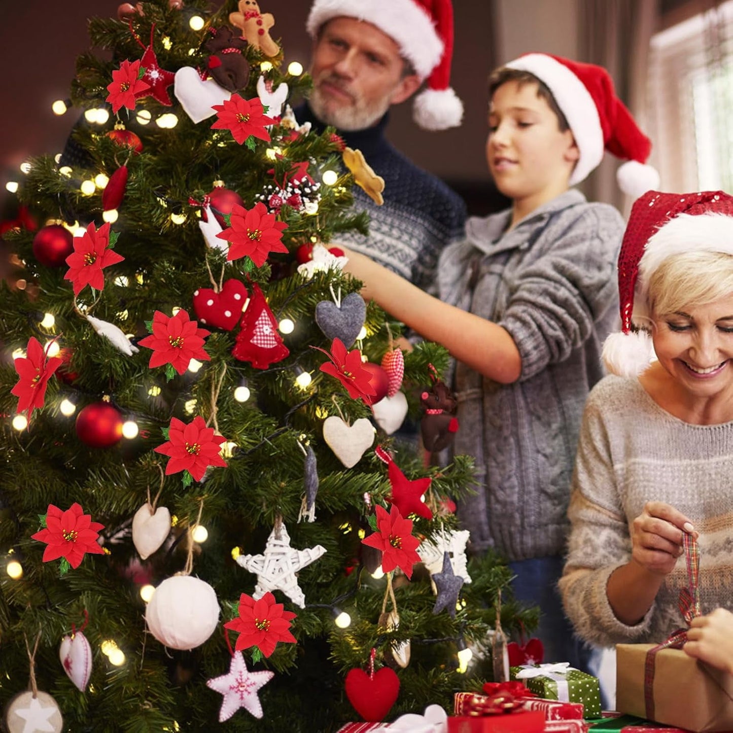 Waipfaru 8pcs Artificial Poinsettia Bushes,14 inch Faux Red Velvet Poinsettia Flowers for Indoor Outdoor Christmas Tree Home Porch Decorations