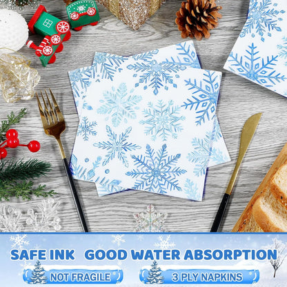 Waipfaru 200 PCS Christmas Party Supplies Disposable Plates Napkins Set,Blue Christmas Tableware Set Dinner Lunch Dessert Appetizer Decoration Xmas Party, Serve 50