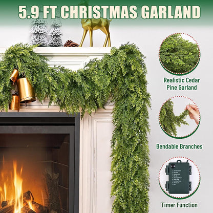 Waipfaru 5.9ft Christmas Cedar Garland with lights,Realistic Artificial Green Faux Cedar Pine Needles Garland for Fireplace Mantel Table Indoor Outdoor Xmas Decoration