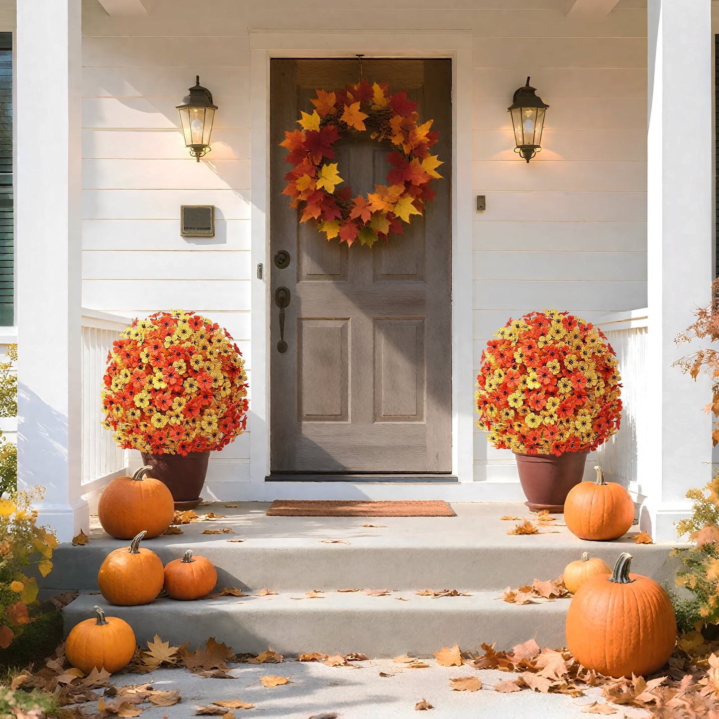 Waipfaru Outdoor Fall Artificial Flower Decorations, 22 inch Fake Daisies Shrub with Eucalyptus Leaves,UV Resistant Artificial Plant for Indoor Outdoor Front Porch Gardens