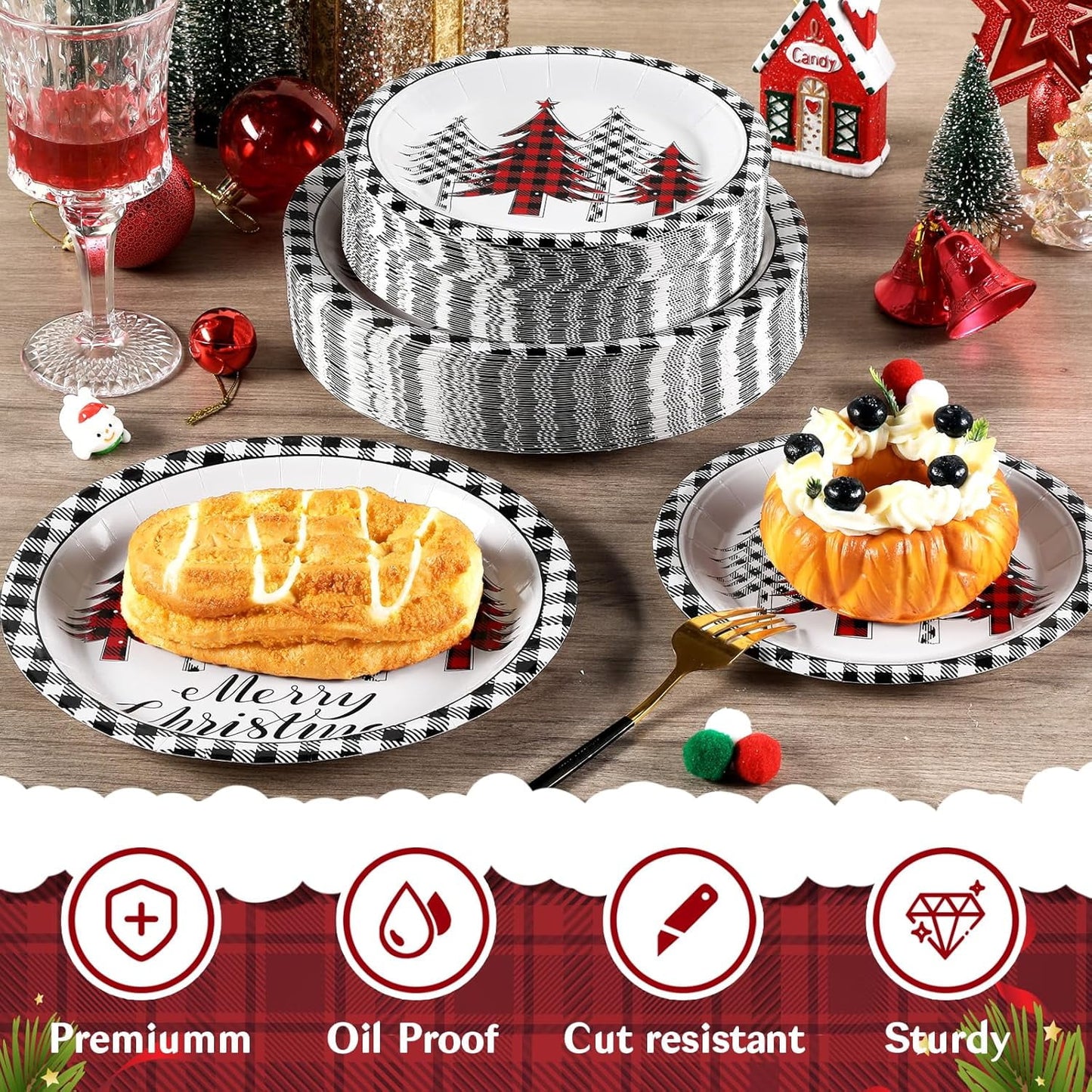 Waipfaru 200 Pcs Merry Christmas Dinnerware Set,Christmas Tree Paper Plates, Napkins & Party Supplies for 50 Guests