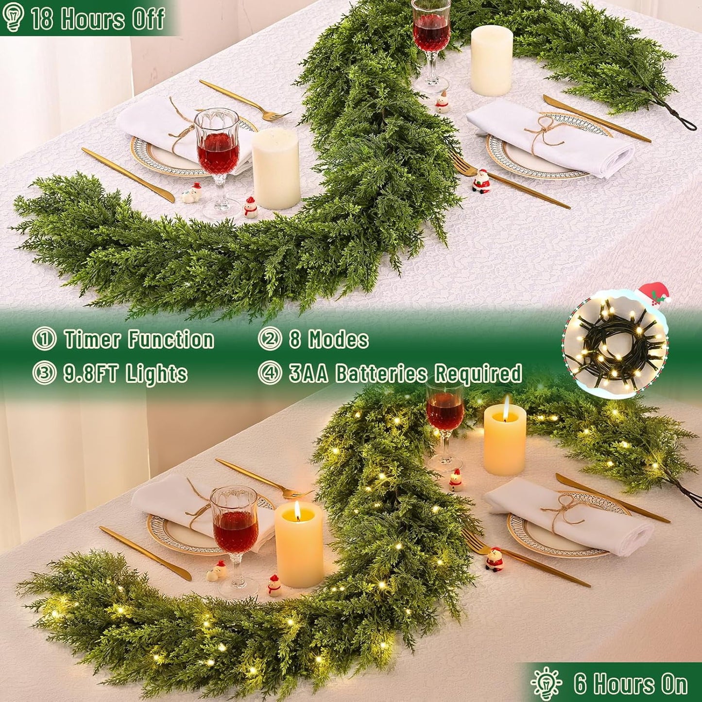 Waipfaru 5.9ft Christmas Cedar Garland with lights,Realistic Artificial Green Faux Cedar Pine Needles Garland for Fireplace Mantel Table Indoor Outdoor Xmas Decoration