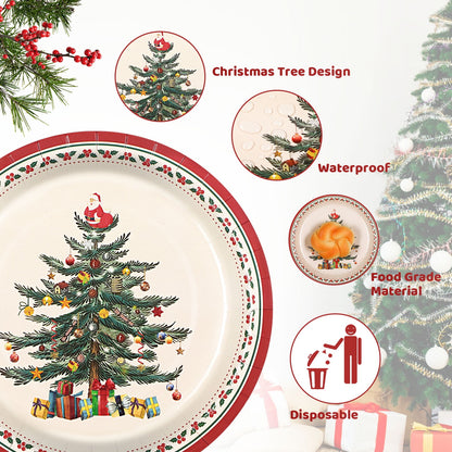 Waipfaru 200 Pcs Merry Christmas Dinnerware Set,Christmas Tree Paper Plates, Napkins & Party Supplies for 50 Guests