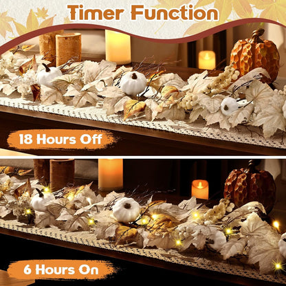 Waipfaru Fall Garland with Lights,5.8ft Maple Leaf Garland with White Pumpkins, Berries&LED Lights,Battery Operated Thanksgiving Garland for Mantel, Fireplace, Tabletop