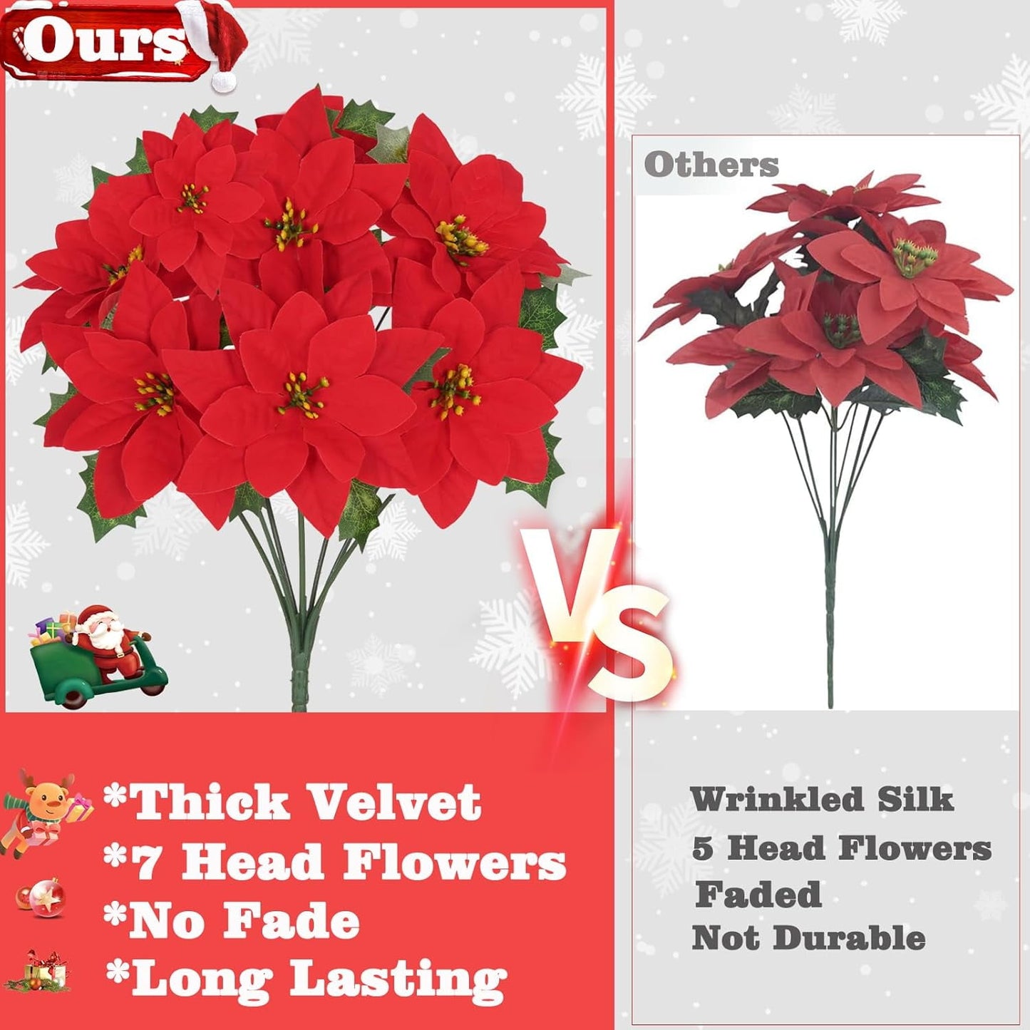 Waipfaru 8pcs Artificial Poinsettia Bushes,14 inch Faux Red Velvet Poinsettia Flowers for Indoor Outdoor Christmas Tree Home Porch Decorations
