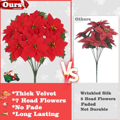 Waipfaru 8pcs Artificial Poinsettia Bushes,14 inch Faux Red Velvet Poinsettia Flowers for Indoor Outdoor Christmas Tree Home Porch Decorations