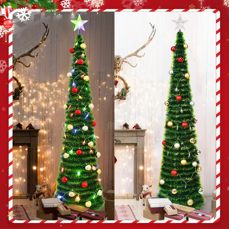 Waipfaru 5ft Pop up Christmas Tree with 3D Star 30 Ball Ornament, Artificial Collapsible Pencil Tinsel Xmas Tree for Christmas Decoration