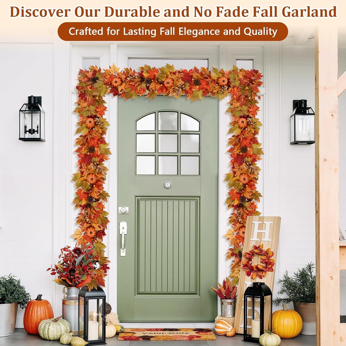 Waipfaru 6ft Fall Garland for Mantle, Lighted Fall Leaves Garland with Pumpkins Maple Leaves Pine Cones for Home Thanksgiving Fall Decoration