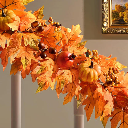 Waipfaru Fall Garland with Lights,6ft Maple Leaf Garland with Pumpkins, Berries&LED Lights,Battery Operated Thanksgiving Garland for Mantel, Fireplace, Tabletop