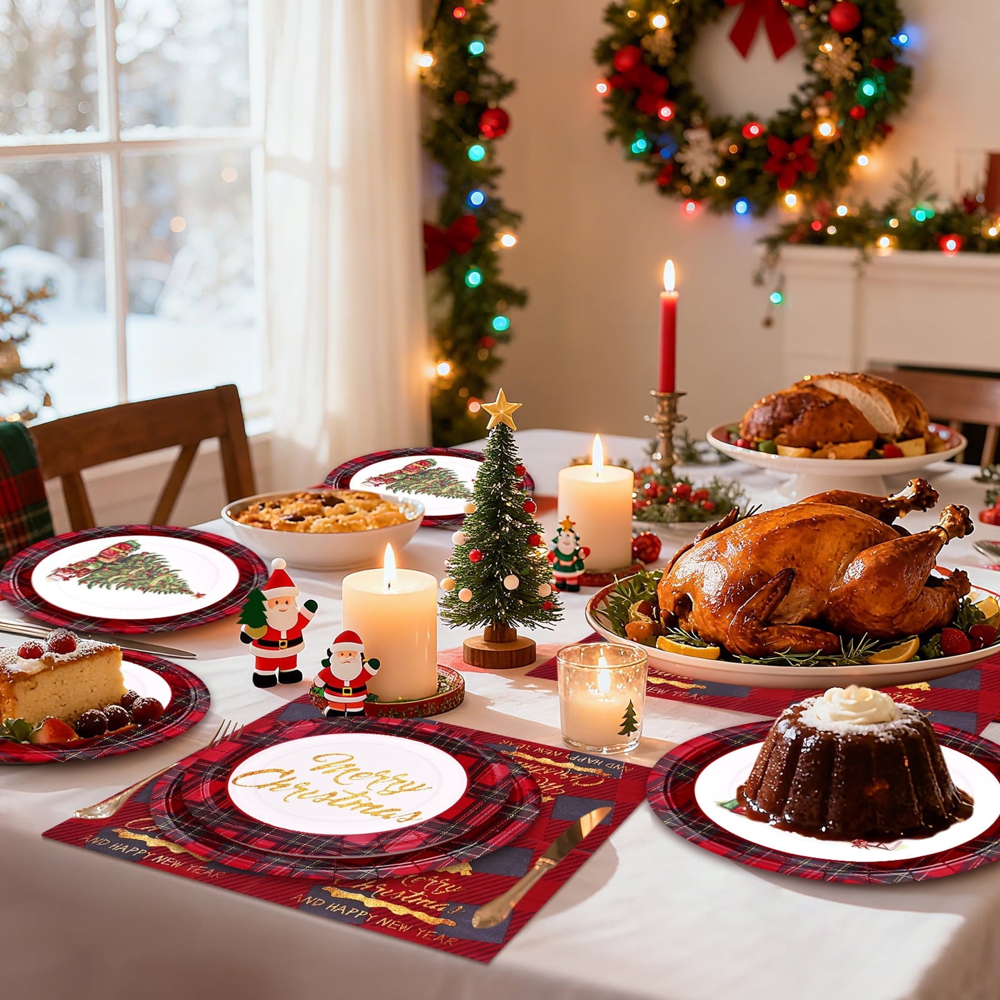 Waipfaru 200 Pcs Merry Christmas Dinnerware Set,Christmas Tree Paper Plates, Napkins & Party Supplies for 50 Guests