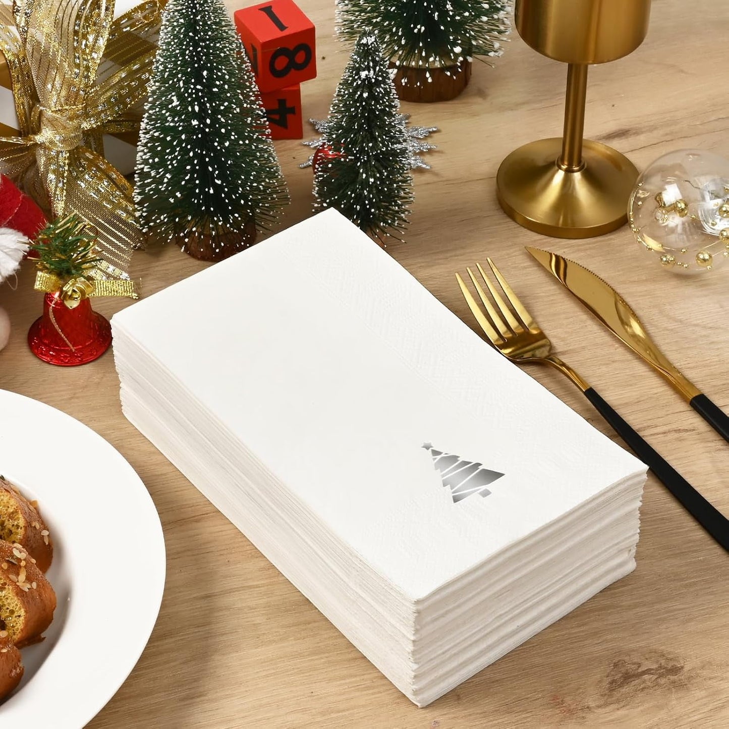 Waipfaru 100 PCS White Christmas Paper Napkins 3-Ply Silver Christmas Tree Disposable Napkins for Xmas Winter Holiday