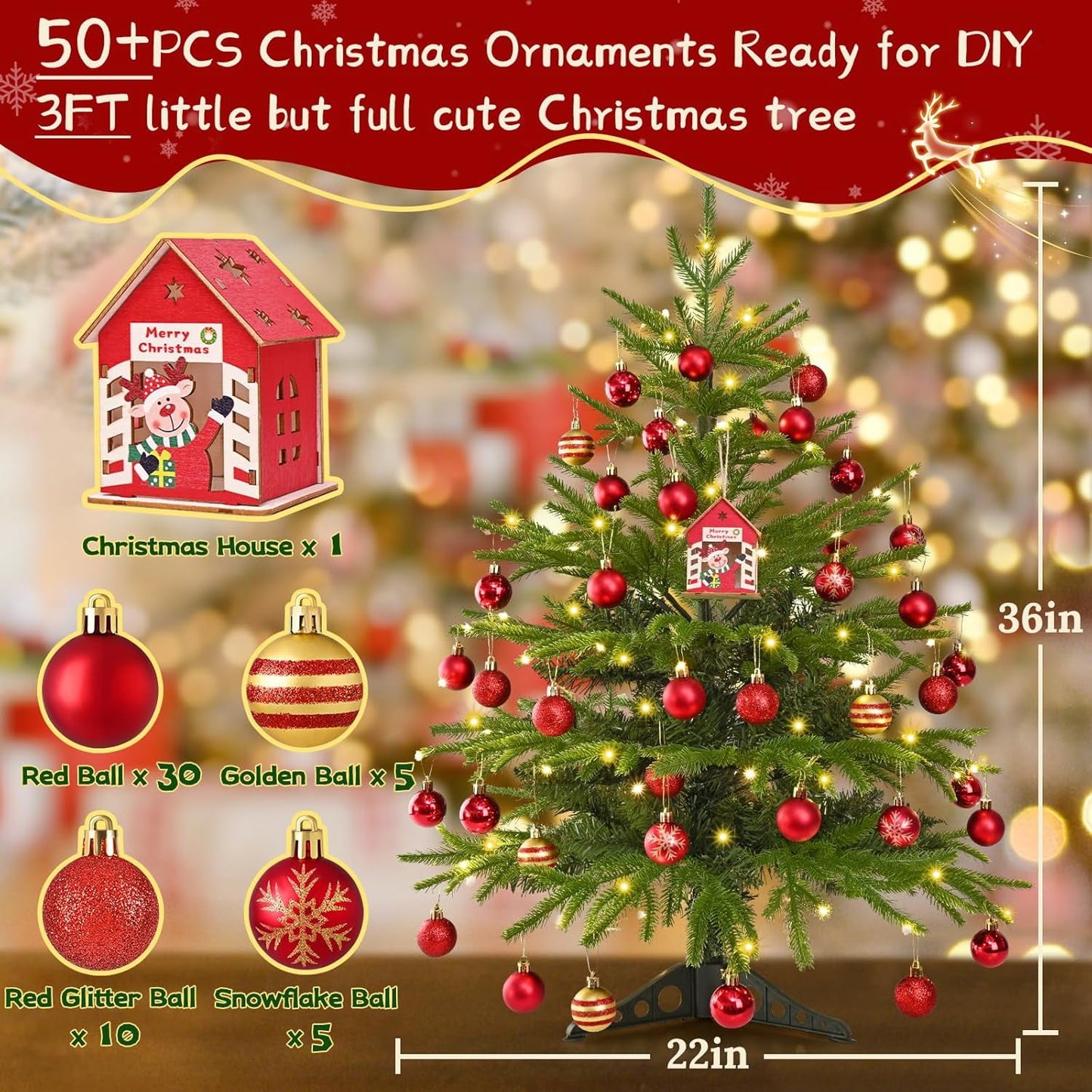 Waipfaru 3ft Artificial Christmas Tree with Lights,Pre-Lit Mini Christmas Tree with Ball Ornaments for Xmas Holiday Home Decor