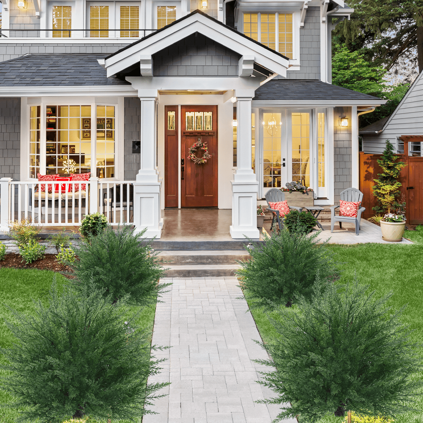 Waipfaru Set of 2 Artificial Cedar Topiary Tree, 24inch Outdoor Fake Plants with Stakes,UV Resistant Faux Shrubs for Front Porch Planter Backyard Decor