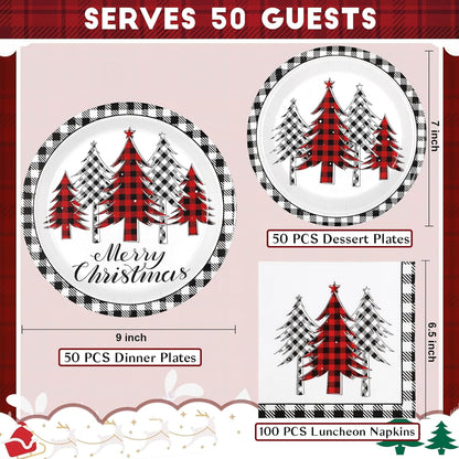 Waipfaru 200 Pcs Merry Christmas Dinnerware Set,Christmas Tree Paper Plates, Napkins & Party Supplies for 50 Guests