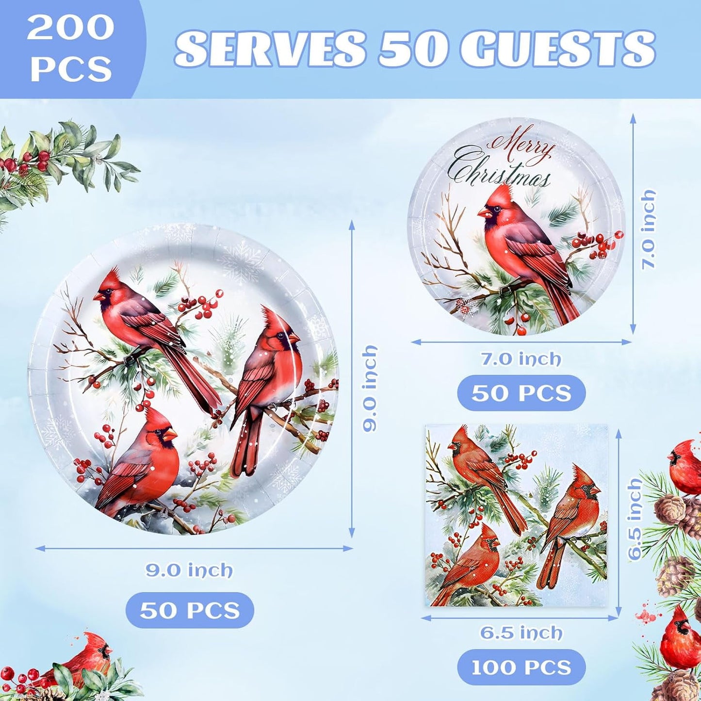 Waipfaru 200 PCS Christmas Paper Plates and Napkins Disposable, Christmas Poinsettia Printed Round Disposable Plates for Christmas Holiday Dinner Birthday Party Supplies