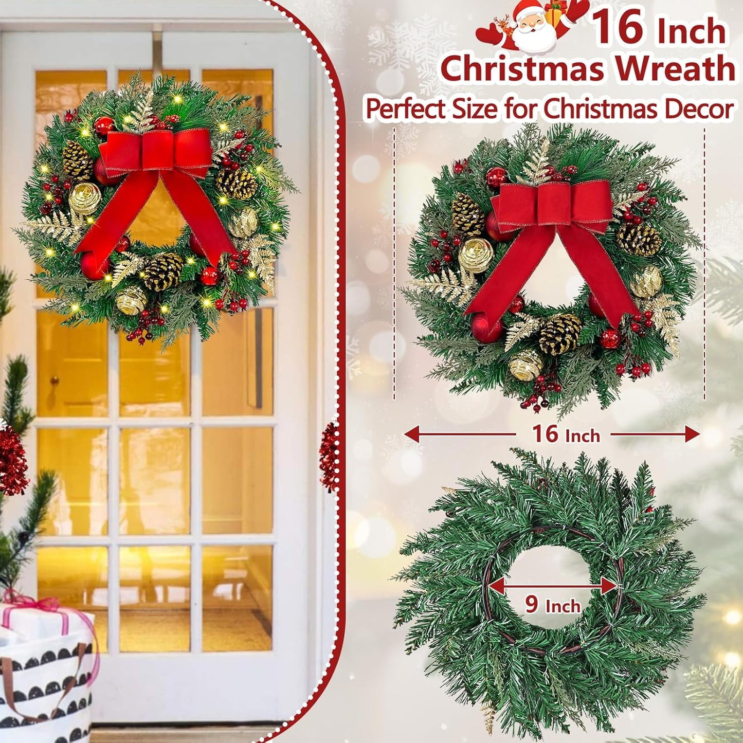 Waipfaru Prelit Christmas Wreath with Lights,16 inch Artificial Holiday Wreath with Red Bow,Battery Operated, Front Door Christmas Decorations Indoor Outdoor
