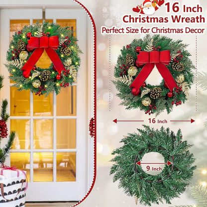 Waipfaru Prelit Christmas Wreath with Lights,16 inch Artificial Holiday Wreath with Red Bow,Battery Operated, Front Door Christmas Decorations Indoor Outdoor