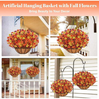 Lyacmy Fall Fake Hanging Flowers With Basket,12 Bundles Fake Voilet Artificial Flowers for Outdoors Fall Decorations for Home(Yellow,Orange)