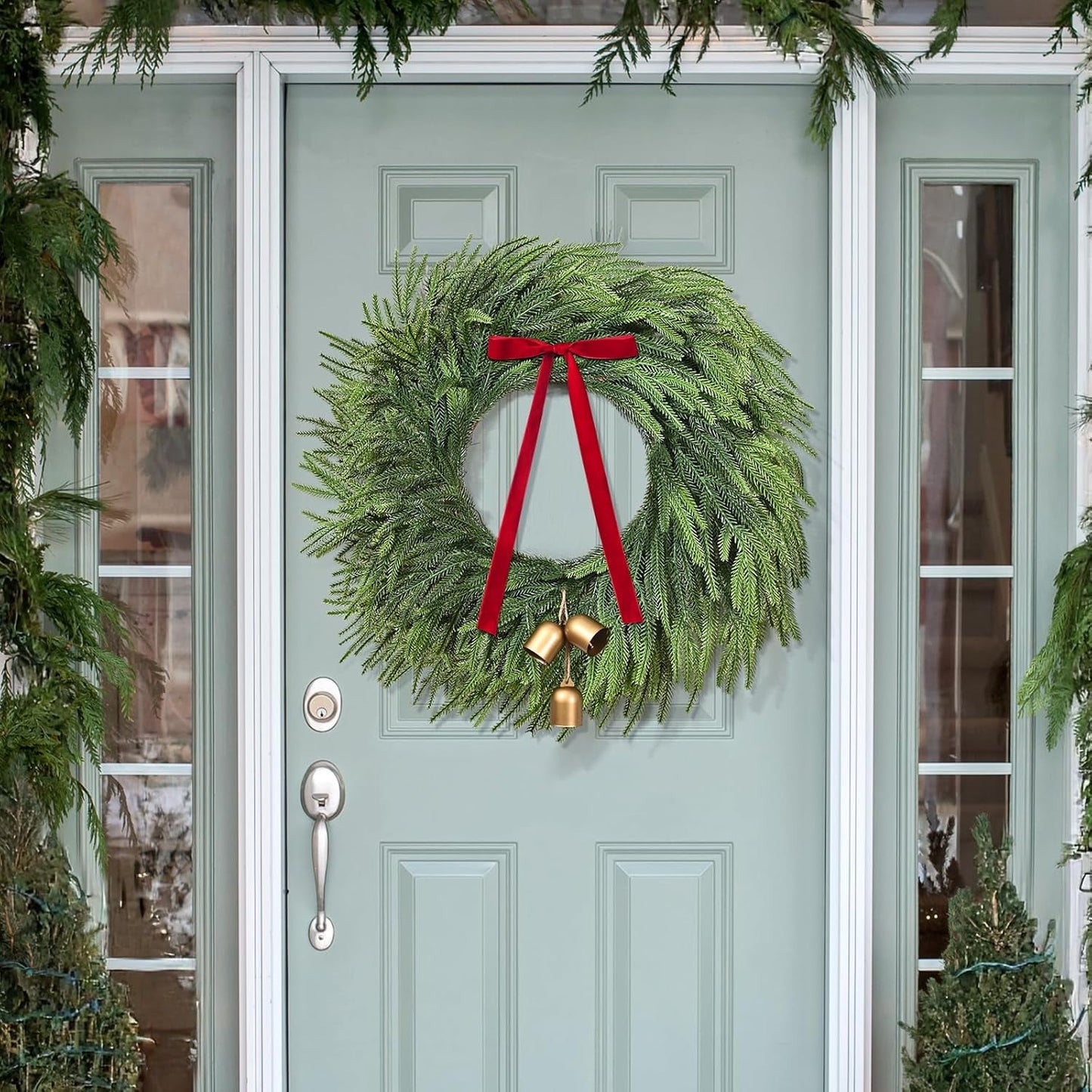 Waipfaru Norfolk Christmas Wreath with Lights,24 inch Pre-lit Artificial Holiday Wreath with Bow & Bells, Battery Operated, Front Door Christmas Decorations Indoor Outdoor