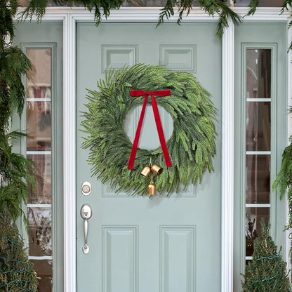 Waipfaru Norfolk Christmas Wreath with Lights,24 inch Pre-lit Artificial Holiday Wreath with Bow & Bells, Battery Operated, Front Door Christmas Decorations Indoor Outdoor