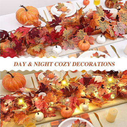 Waipfaru 2 Pack Fall Leaves Garland with Lights - 5.7 ft/Piece Lighted Autumn Leaf Vines Decoration, Artificial Fall Garland for Outdoor Mantle Thanksgiving Decor
