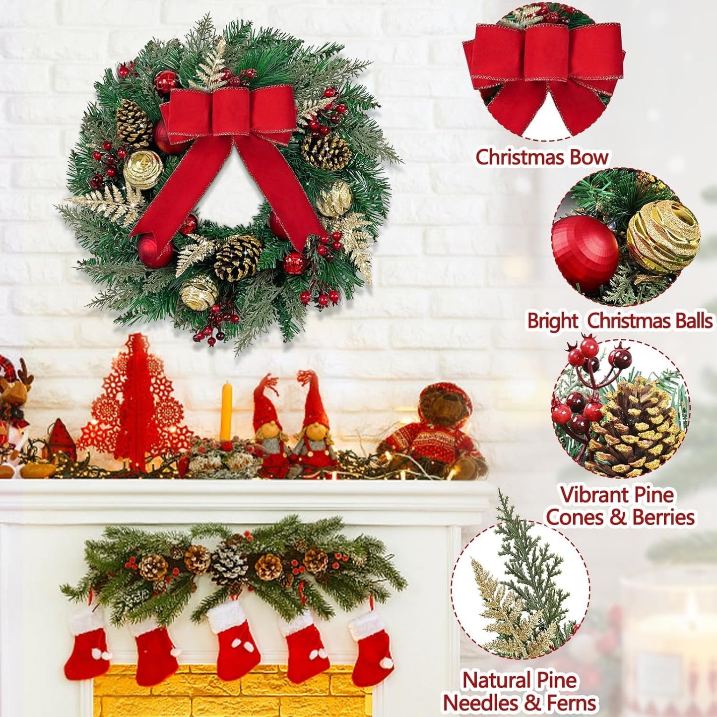 Waipfaru Prelit Christmas Wreath with Lights,16 inch Artificial Holiday Wreath with Red Bow,Battery Operated, Front Door Christmas Decorations Indoor Outdoor