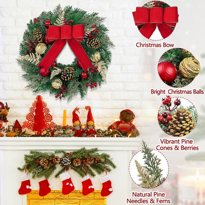 Waipfaru Prelit Christmas Wreath with Lights,16 inch Artificial Holiday Wreath with Red Bow,Battery Operated, Front Door Christmas Decorations Indoor Outdoor