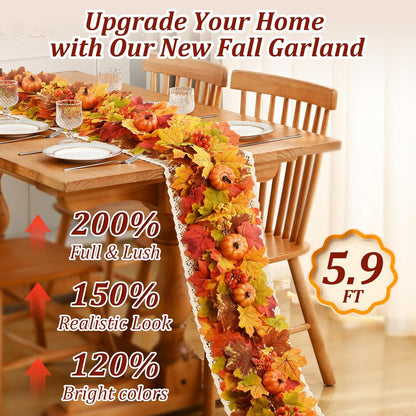Waipfaru Lighted Fall Garland for Mantle, 6ft Battery Operated Thanksgiving Garland with Timer, Pumpkins,Berries,Autumn Decorations for Fireplace Home