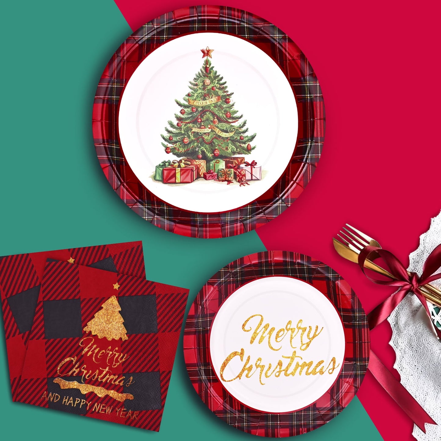 Waipfaru 200 Pcs Merry Christmas Dinnerware Set,Christmas Tree Paper Plates, Napkins & Party Supplies for 50 Guests