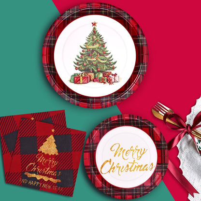 Waipfaru 200 Pcs Merry Christmas Dinnerware Set,Christmas Tree Paper Plates, Napkins & Party Supplies for 50 Guests