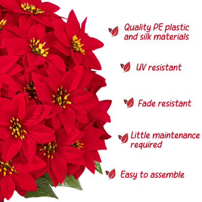 Yastouay 2 Pack Artificial Poinsettia Flower Topiary, 24" Christmas Faux Poinsettia Bush with Ground Spikes for Outdoor Garden Porch Decor