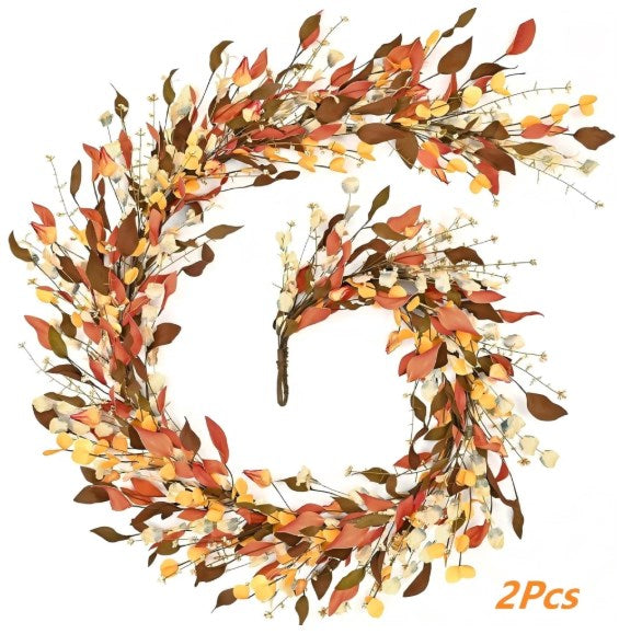 Yastouay 6Ft Fall Garland with Lights, 2 Pcs Autumn Eucalyptus Leaves Garland Fall Decor for Proch, Fireplace,Table