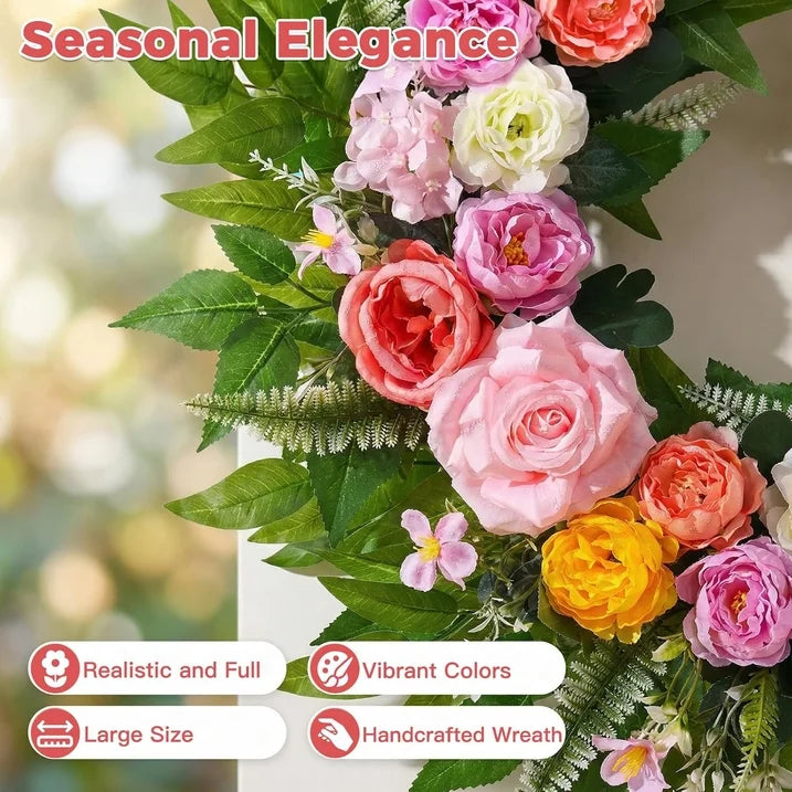 Yastouay 24 Inch Spring Wreath for Front Door, Summer Wreath With Artificial Hydrangeas and Peony for Farmhouse Decor