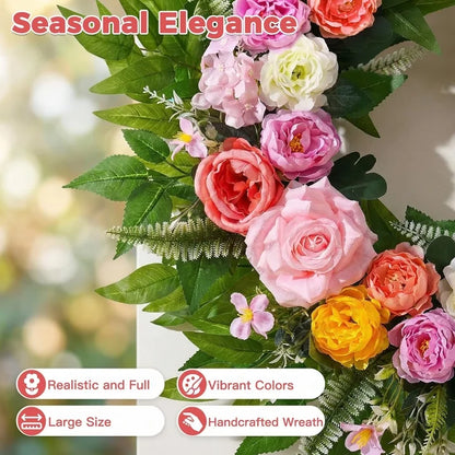 Yastouay 24 Inch Spring Wreath for Front Door, Summer Wreath With Artificial Hydrangeas and Peony for Farmhouse Decor
