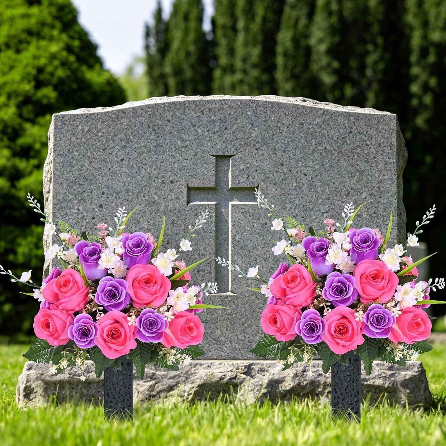 Yastouay Set of 2 Artificial Cemetery Flowers with Vase, Purple Pink Rose Bouquet Memorial Day Flowers for Cemetery Grave