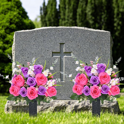 Yastouay Set of 2 Artificial Cemetery Flowers with Vase, Purple Pink Rose Bouquet Memorial Day Flowers for Cemetery Grave