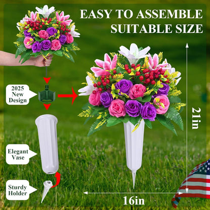 Waipfaru Artificial Cemetery Flowers with Vase,2 Pack Artificial Rose Lily Grave Bouquet,Silk Memorial Flowers for Cemetery Headstones Decoration