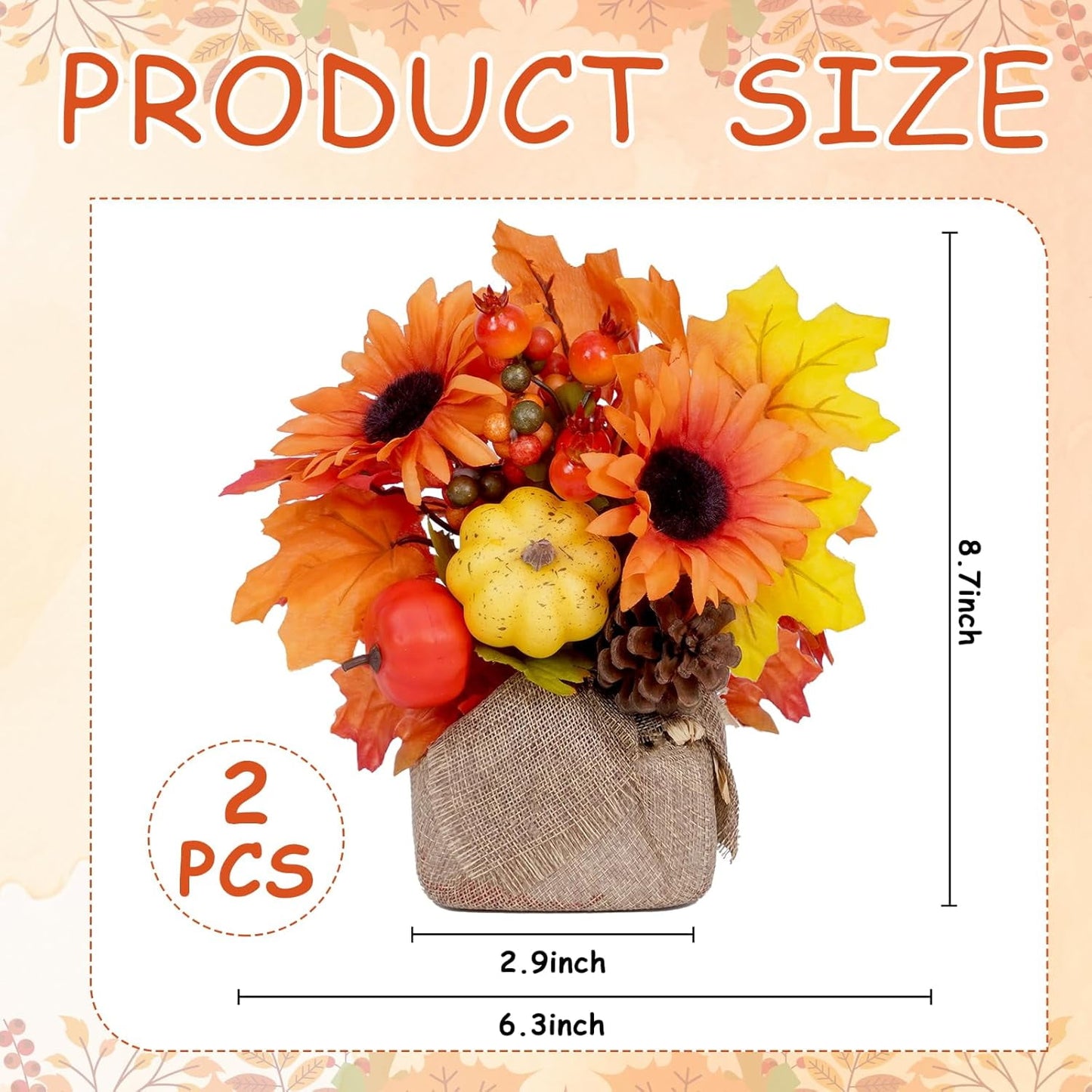 Waipfaru Fall Decorations for Desktop,2Pcs Artificial Fall Flowers with Burlap Base, Fall Leaves Sunflower Decor Thanksgiving Decorations, Fall Centerpieces for Tables