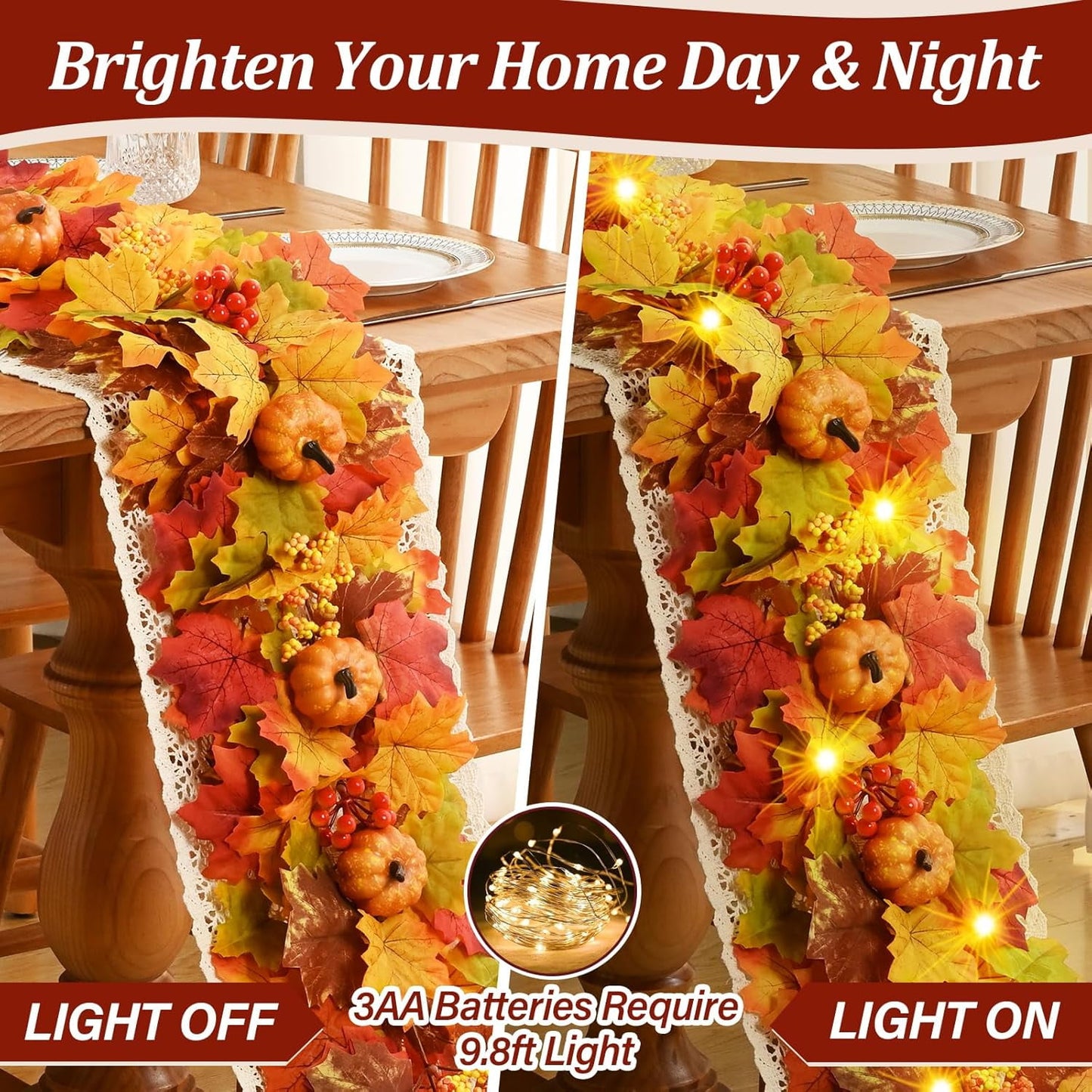 Waipfaru Lighted Fall Garland for Mantle, 6ft Battery Operated Thanksgiving Garland with Timer, Pumpkins,Berries,Autumn Decorations for Fireplace Home