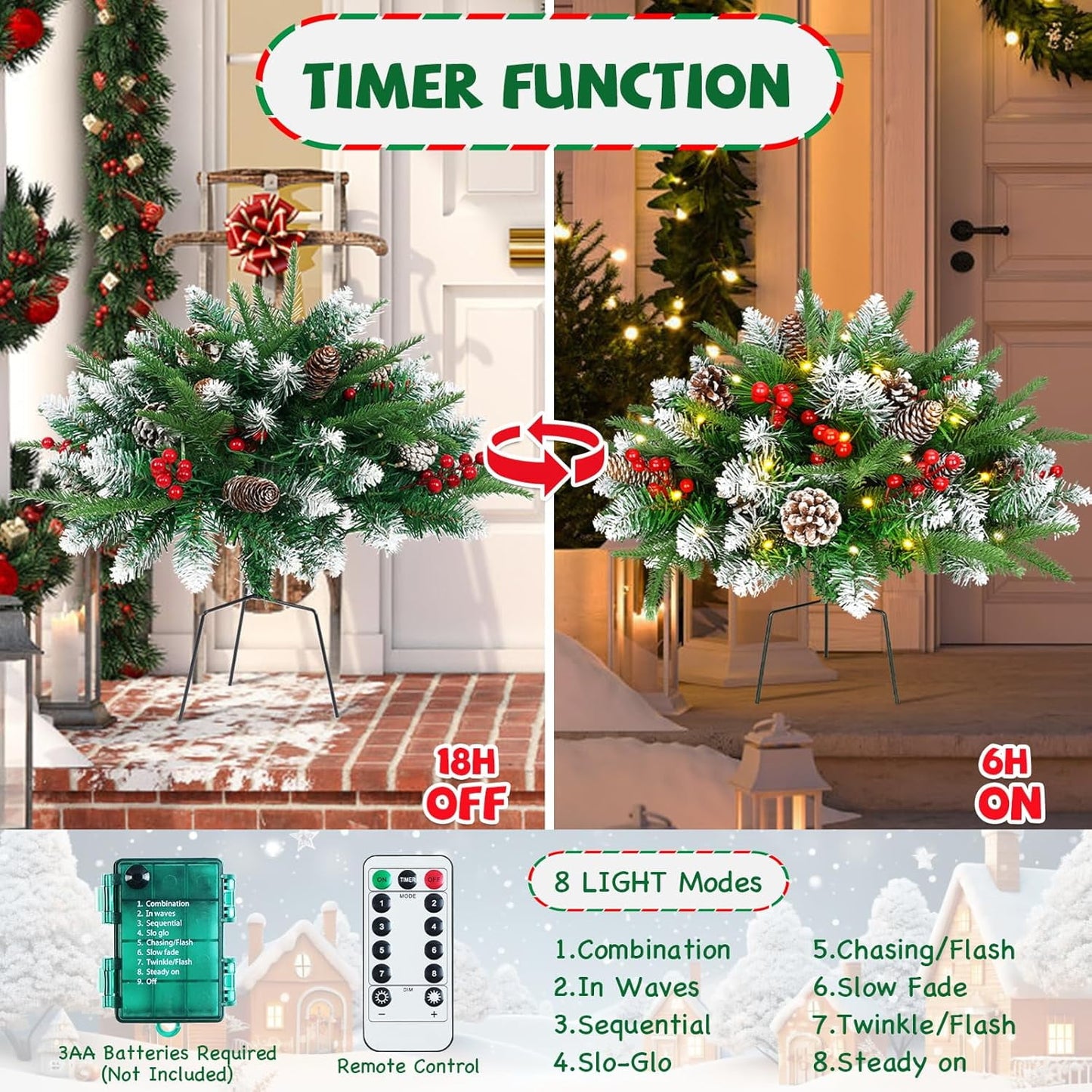 Waipfaru Set of 2 Lighted Artificial Christmas Urn Filler,21inch Pre-lit Xmas Pine Trees with Cones,Red Berries,Tripod Stake and 50 LED Lights,Outdoor Holiday Home Decor