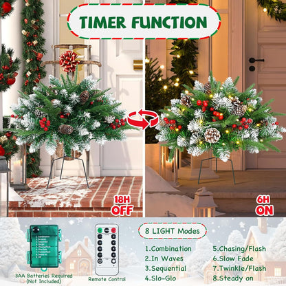 Waipfaru Set of 2 Lighted Artificial Christmas Urn Filler,21inch Pre-lit Xmas Pine Trees with Cones,Red Berries,Tripod Stake and 50 LED Lights,Outdoor Holiday Home Decor