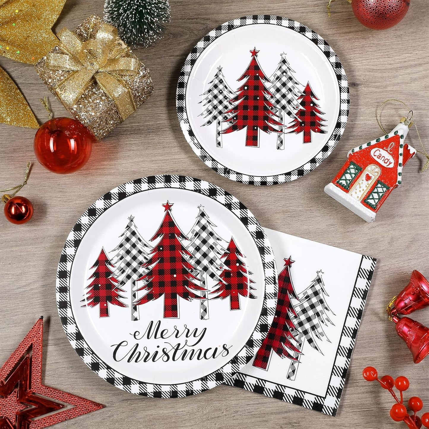 Waipfaru 200 Pcs Merry Christmas Dinnerware Set,Christmas Tree Paper Plates, Napkins & Party Supplies for 50 Guests