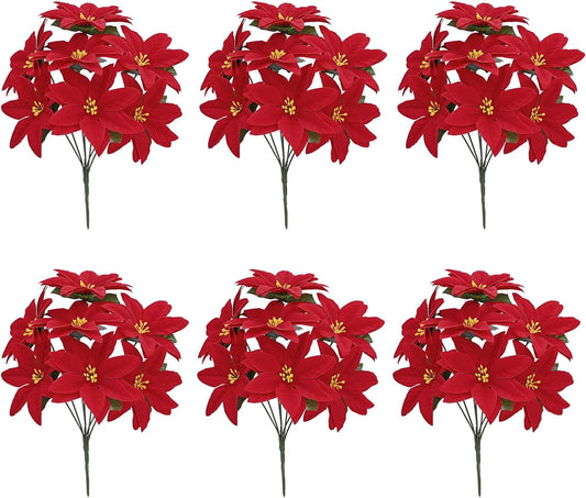 Dolicer 6 Pack Christmas Flowers Artificial Velvet Poinsettia Flowers, 7 Head 13.8 inch Red Poinsettia Cemetery Flowers Christmas Home Decorations