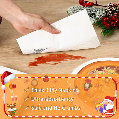 Waipfaru 100 PCS White Christmas Paper Napkins 3-Ply Silver Christmas Tree Disposable Napkins for Xmas Winter Holiday