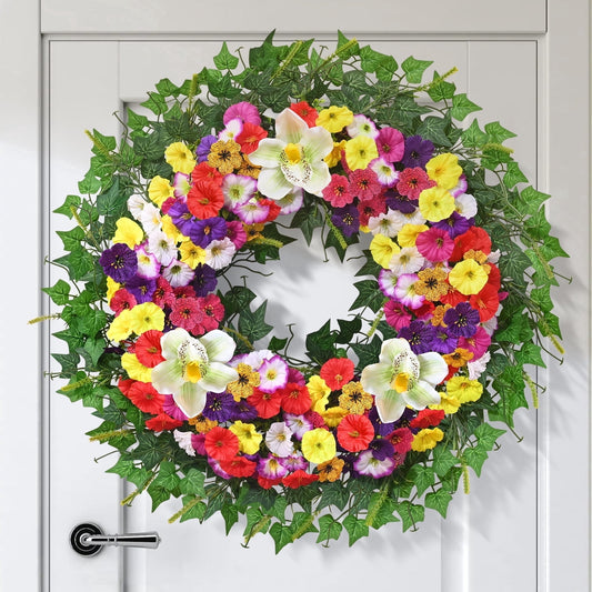 Yastouay Spring Wreaths for Front Door, 24"Colorful Wildflower Wreath with Morning Glory for Wall Porch Home Decor